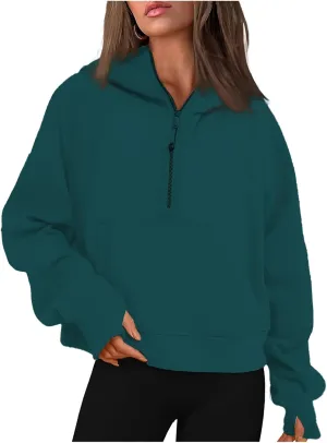 Womens Half Zip Sweatshirts Cropped Long Sleeve Hoodies Oversized Fleece Quarter Zip Up Pullover Tops with Thumb Hole