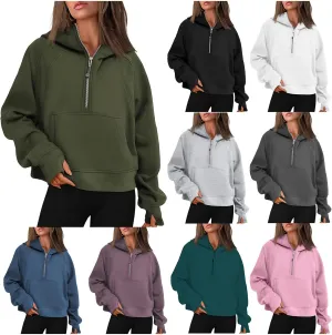 Womens Half Zip Sweatshirts Cropped Long Sleeve Hoodies Oversized Fleece Quarter Zip Up Pullover Tops with Thumb Hole