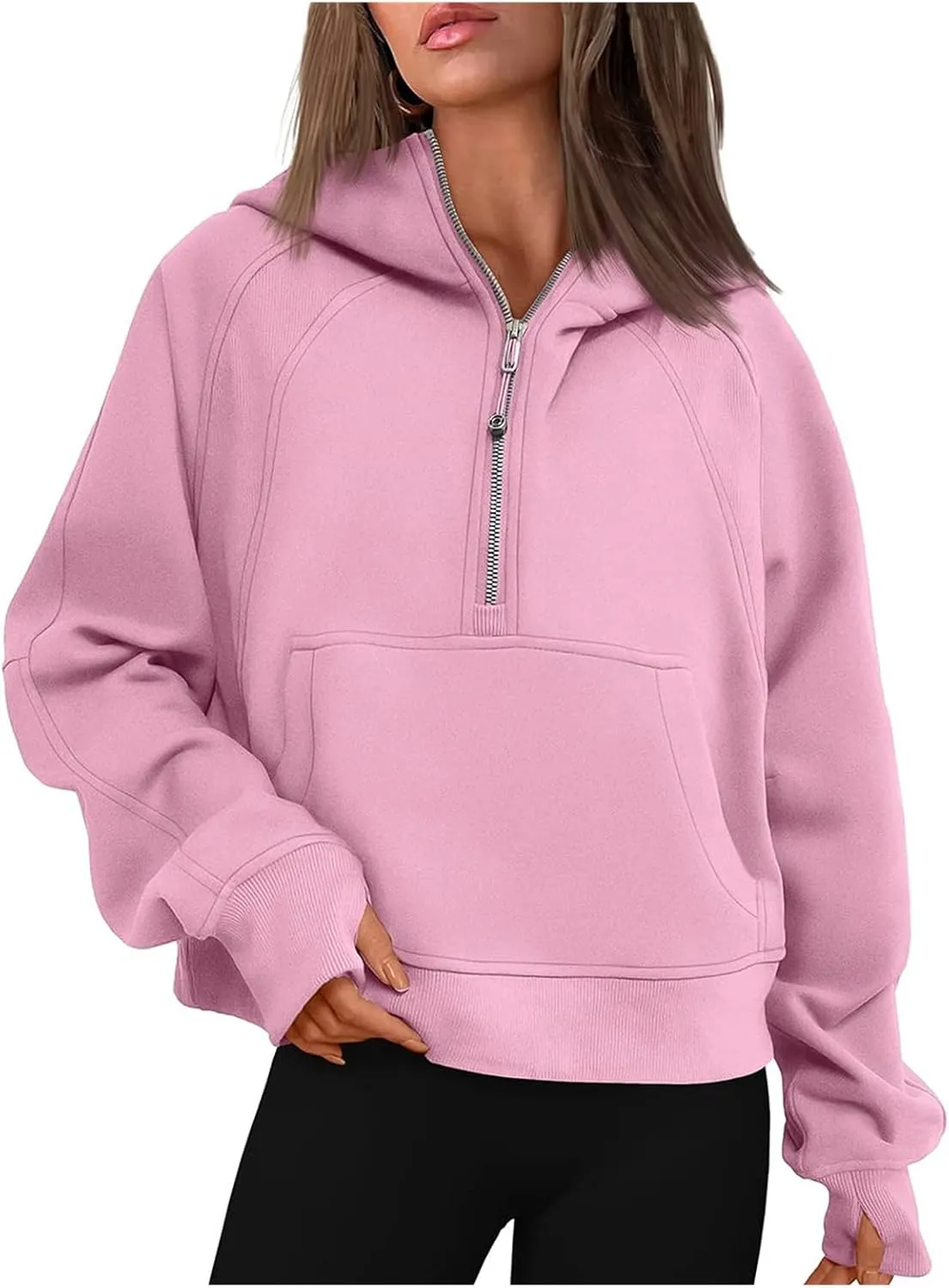Womens Half Zip Sweatshirts Cropped Long Sleeve Hoodies Oversized Fleece Quarter Zip Up Pullover Tops with Thumb Hole