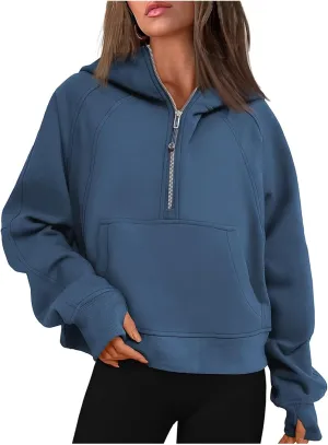 Womens Half Zip Sweatshirts Cropped Long Sleeve Hoodies Oversized Fleece Quarter Zip Up Pullover Tops with Thumb Hole