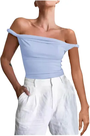 Women's Off Shoulder Crop Tops 2025 Summer Sleeveless Slim Stretchy Casual T Shirts Y2k Trendy Going Out Tank Tops