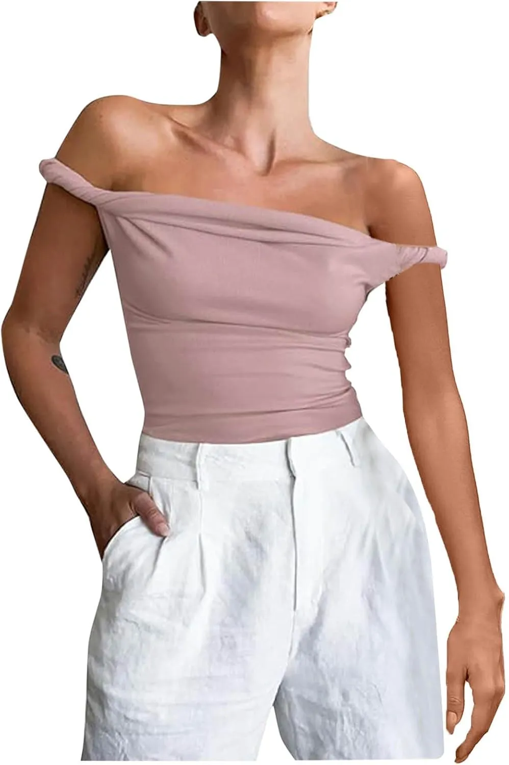 Women's Off Shoulder Crop Tops 2025 Summer Sleeveless Slim Stretchy Casual T Shirts Y2k Trendy Going Out Tank Tops