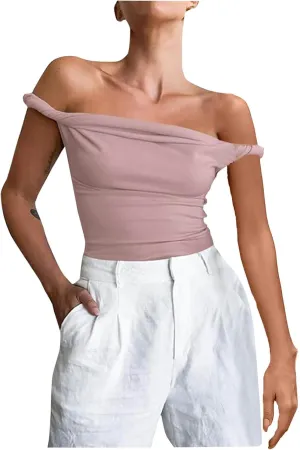 Women's Off Shoulder Crop Tops 2025 Summer Sleeveless Slim Stretchy Casual T Shirts Y2k Trendy Going Out Tank Tops