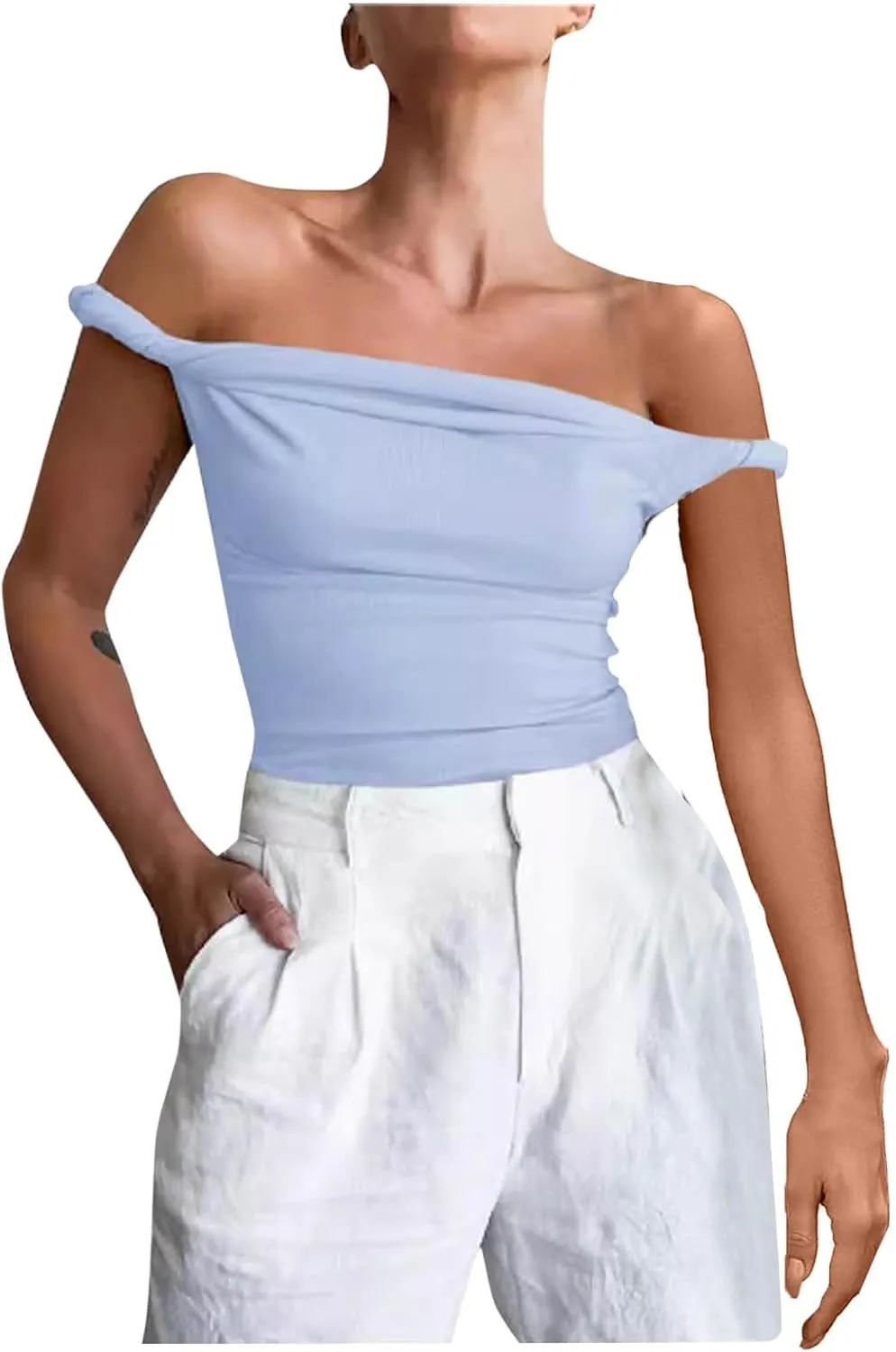 Women's Off Shoulder Crop Tops 2025 Summer Sleeveless Slim Stretchy Casual T Shirts Y2k Trendy Going Out Tank Tops