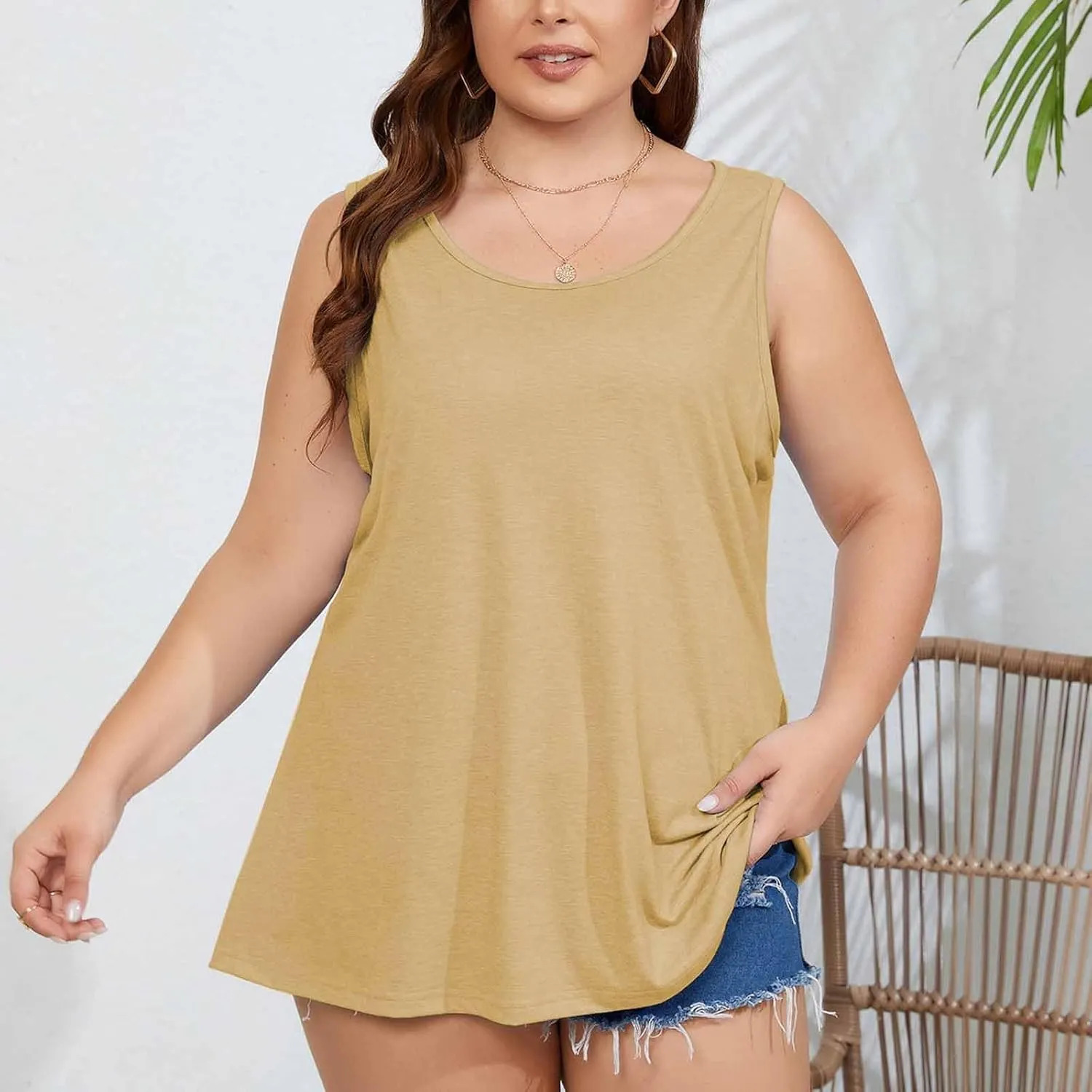 Women's Plus Size Tank Tops Stretchy Round Neck Sleeveless Summer Shirts Comfy Loose Fit Clothes Workout Casual