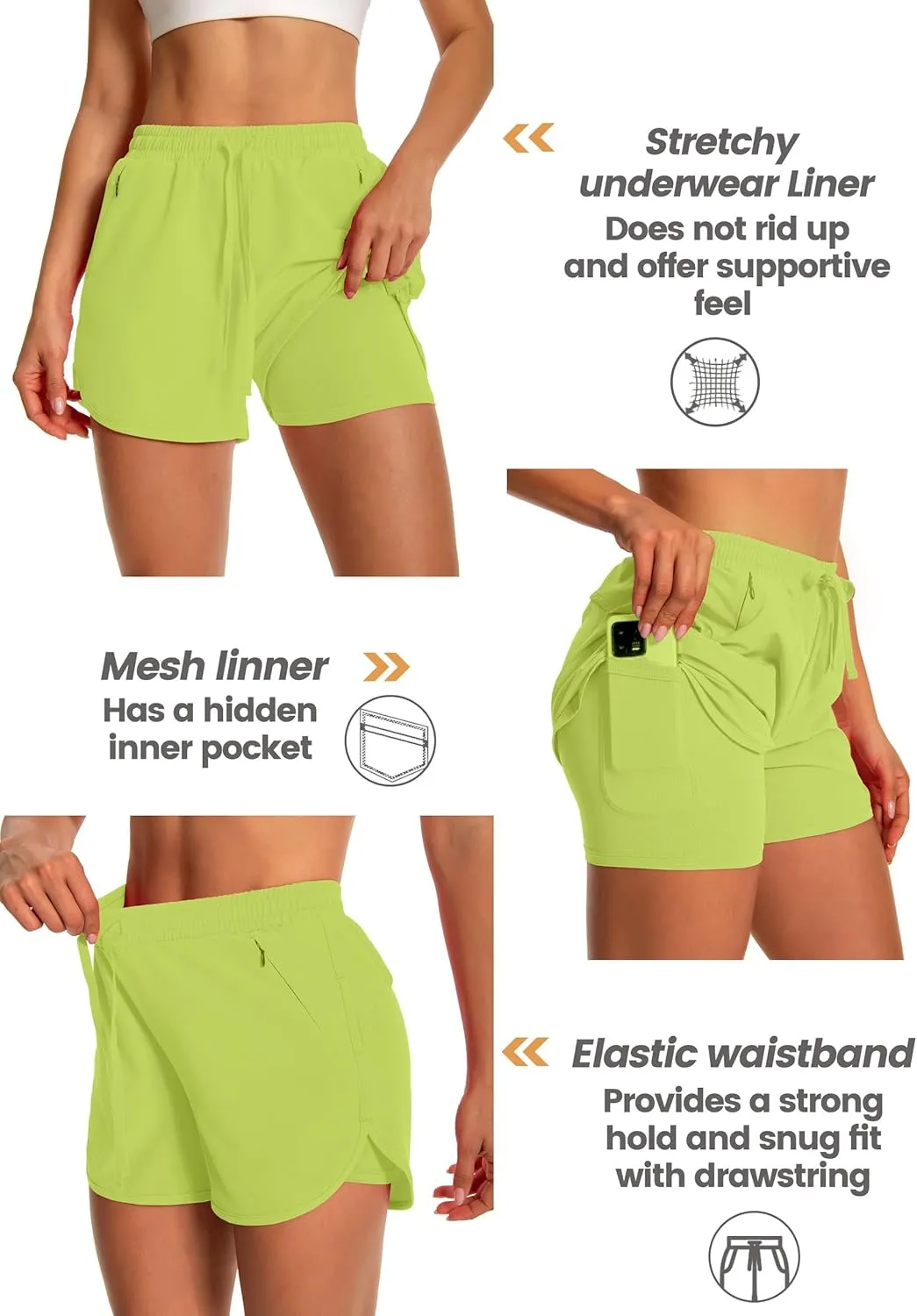 Womens Running Athletic Shorts - 2 in 1 Shorts High Waisted Workout Gym Casual Shorts Mesh Liner Zipper Pockets