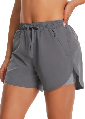 Womens Running Athletic Shorts - 2 in 1 Shorts High Waisted Workout Gym Casual Shorts Mesh Liner Zipper Pockets
