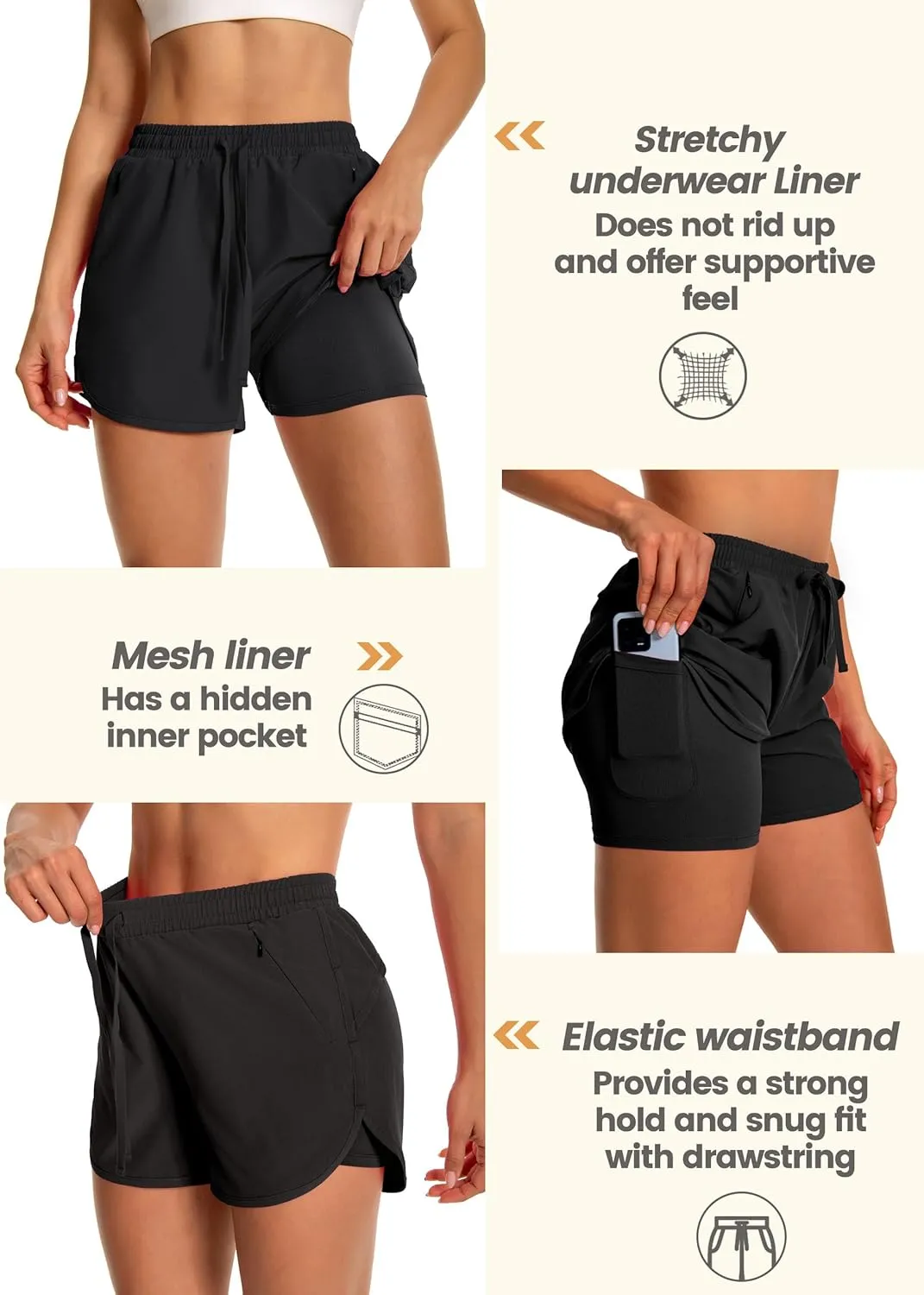 Womens Running Athletic Shorts - 2 in 1 Shorts High Waisted Workout Gym Casual Shorts Mesh Liner Zipper Pockets