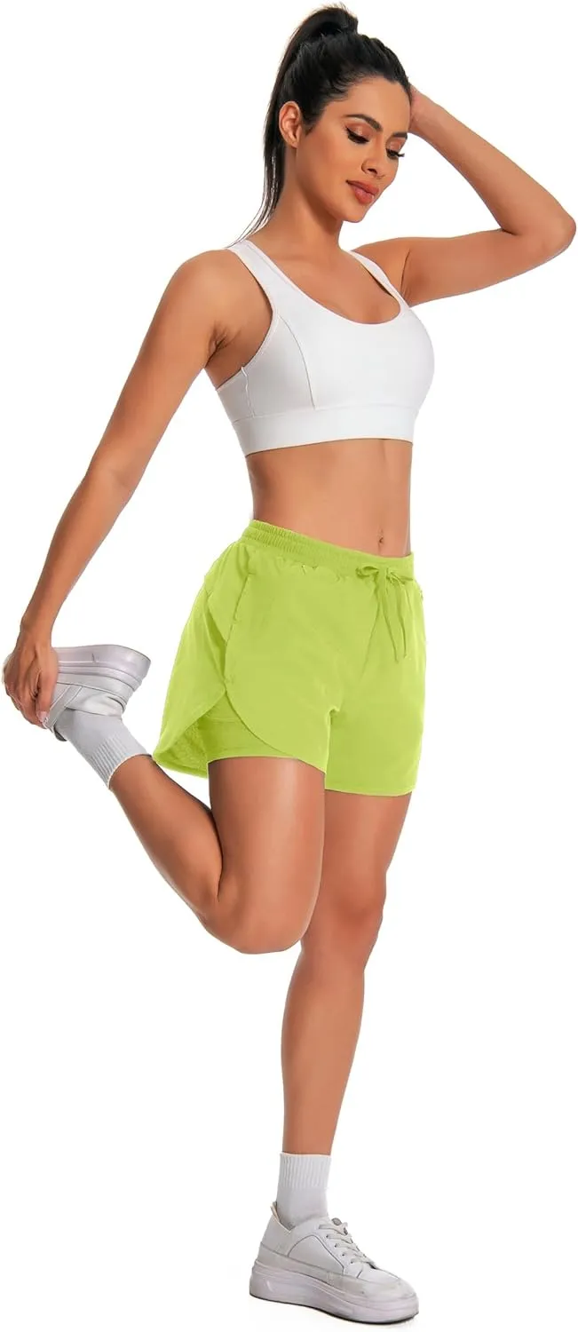 Womens Running Athletic Shorts - 2 in 1 Shorts High Waisted Workout Gym Casual Shorts Mesh Liner Zipper Pockets