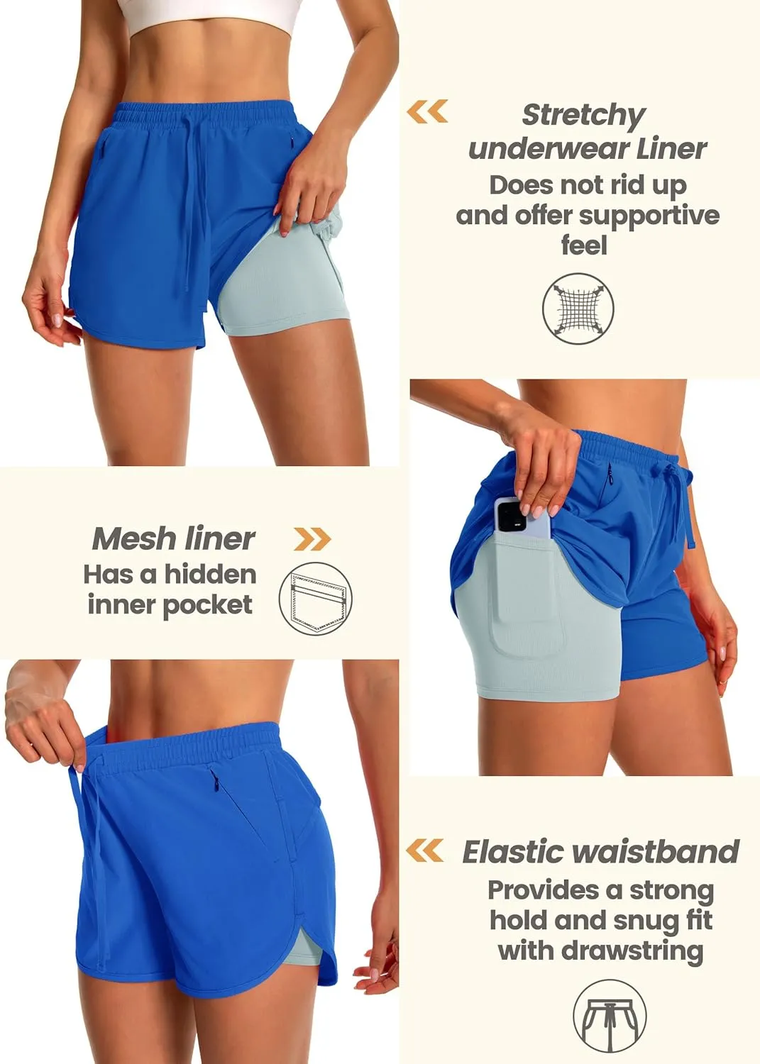 Womens Running Athletic Shorts - 2 in 1 Shorts High Waisted Workout Gym Casual Shorts Mesh Liner Zipper Pockets