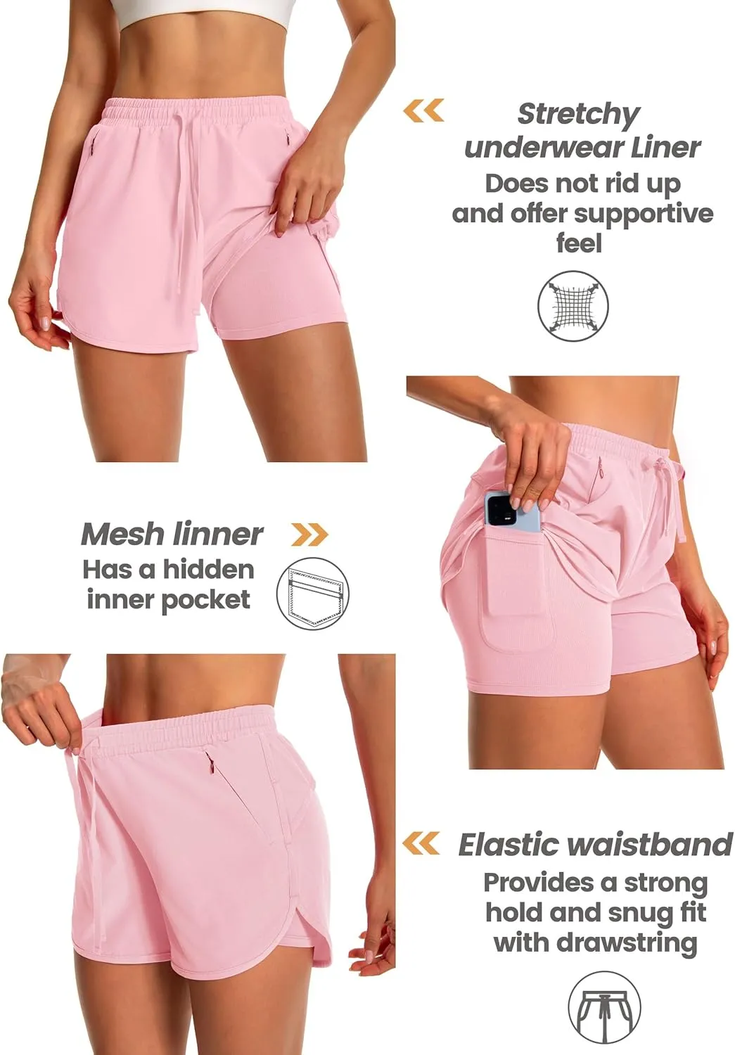 Womens Running Athletic Shorts - 2 in 1 Shorts High Waisted Workout Gym Casual Shorts Mesh Liner Zipper Pockets