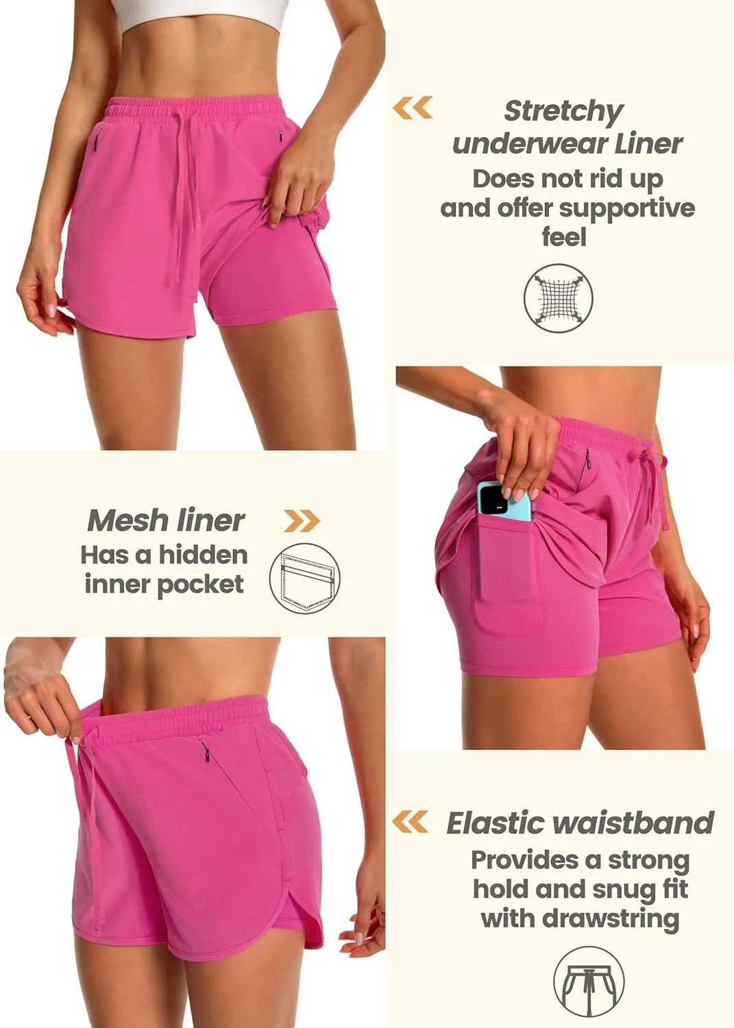 Womens Running Athletic Shorts - 2 in 1 Shorts High Waisted Workout Gym Casual Shorts Mesh Liner Zipper Pockets