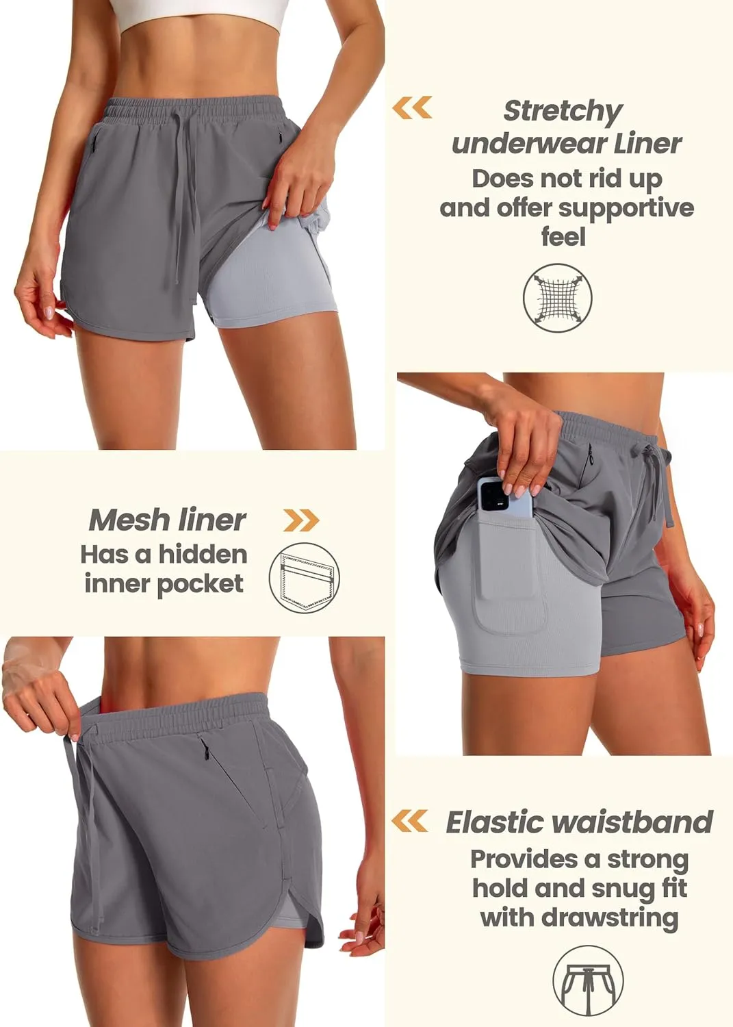 Womens Running Athletic Shorts - 2 in 1 Shorts High Waisted Workout Gym Casual Shorts Mesh Liner Zipper Pockets