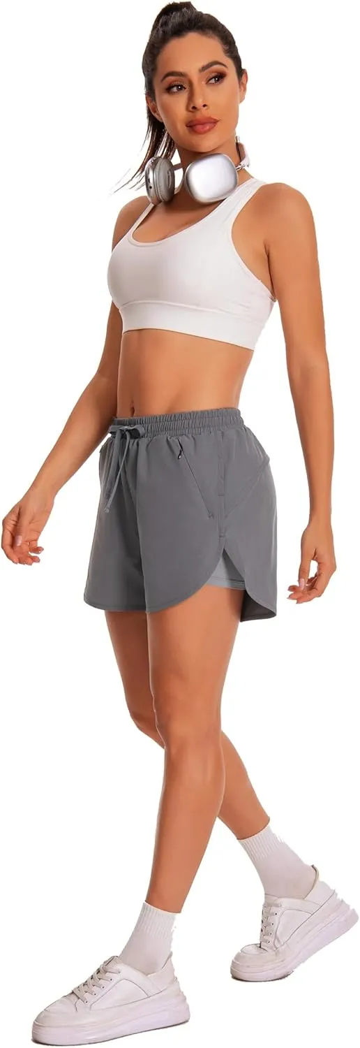 Womens Running Athletic Shorts - 2 in 1 Shorts High Waisted Workout Gym Casual Shorts Mesh Liner Zipper Pockets