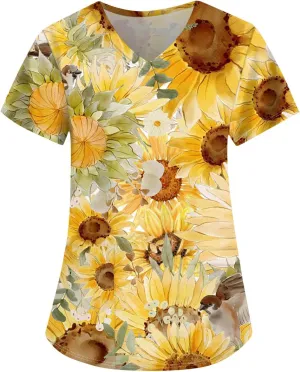 Womens Scrubs Hawaiian Printing V Neck Medical Uniform T Shirts 2024 Summer Stretchy Working Pocket Tops