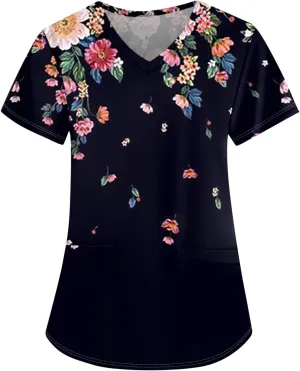 Womens Scrubs Hawaiian Printing V Neck Medical Uniform T Shirts 2024 Summer Stretchy Working Pocket Tops