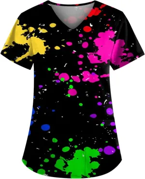 Womens Scrubs Hawaiian Printing V Neck Medical Uniform T Shirts 2024 Summer Stretchy Working Pocket Tops