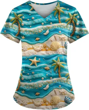 Womens Scrubs Hawaiian Printing V Neck Medical Uniform T Shirts 2024 Summer Stretchy Working Pocket Tops
