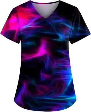 Womens Scrubs Hawaiian Printing V Neck Medical Uniform T Shirts 2024 Summer Stretchy Working Pocket Tops