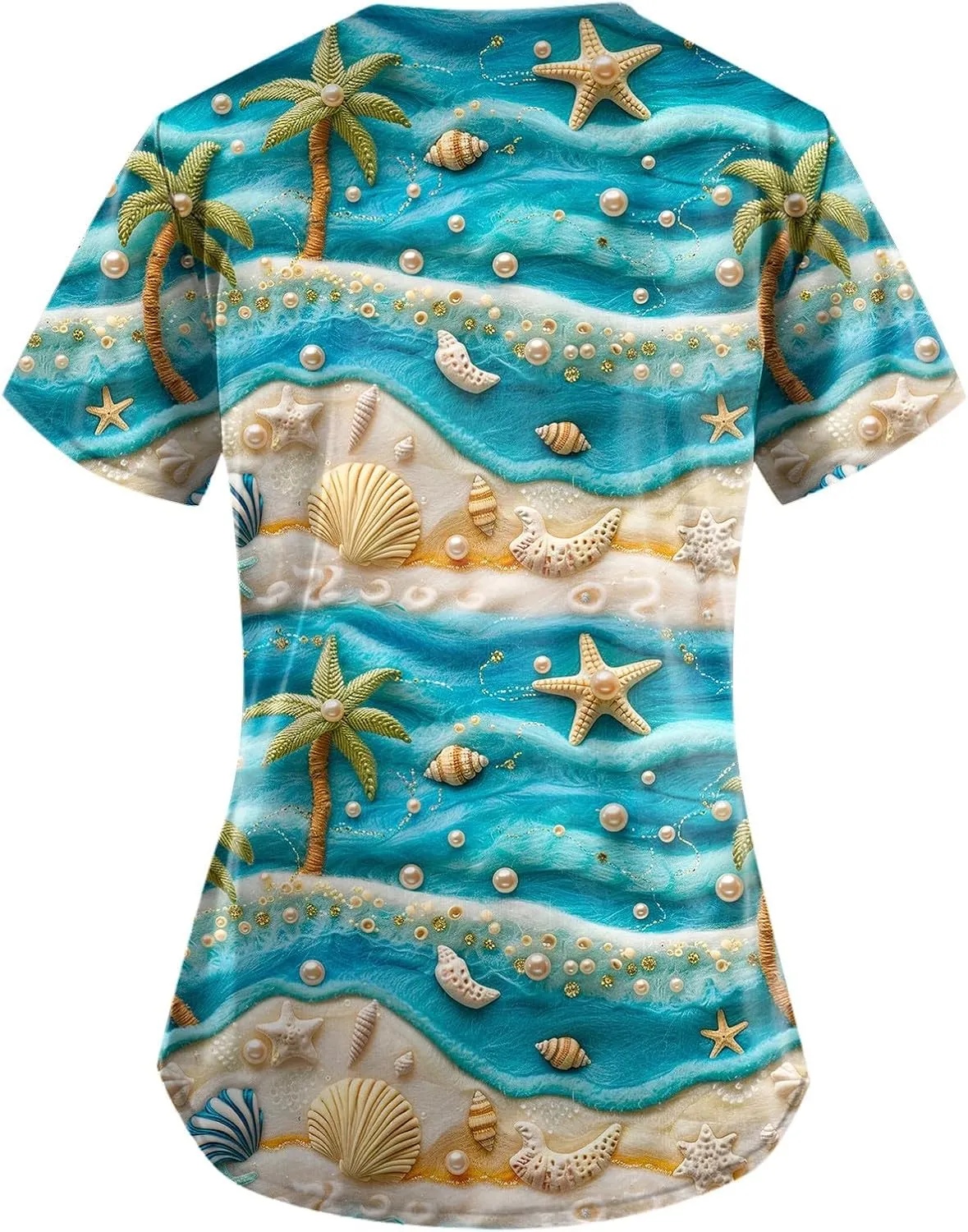 Womens Scrubs Hawaiian Printing V Neck Medical Uniform T Shirts 2024 Summer Stretchy Working Pocket Tops