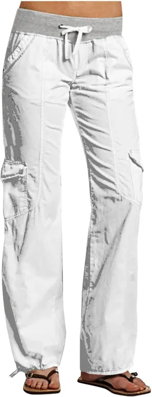 Women's Straight Leg Sweatpants Stretchy Drawstring High Waist Cargo Pants Cropped Pocket Leisure Trousers Pants