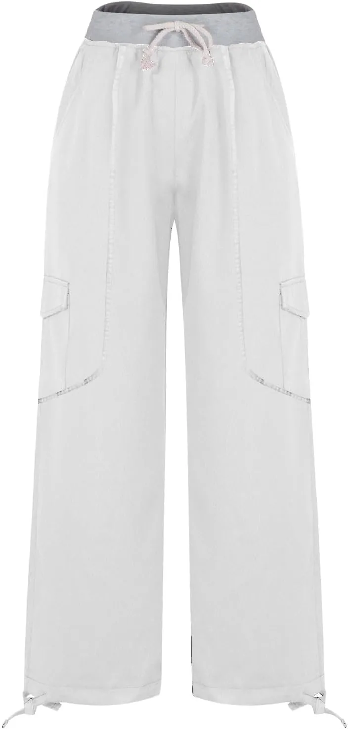 Women's Straight Leg Sweatpants Stretchy Drawstring High Waist Cargo Pants Cropped Pocket Leisure Trousers Pants