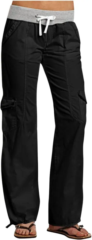 Women's Straight Leg Sweatpants Stretchy Drawstring High Waist Cargo Pants Cropped Pocket Leisure Trousers Pants