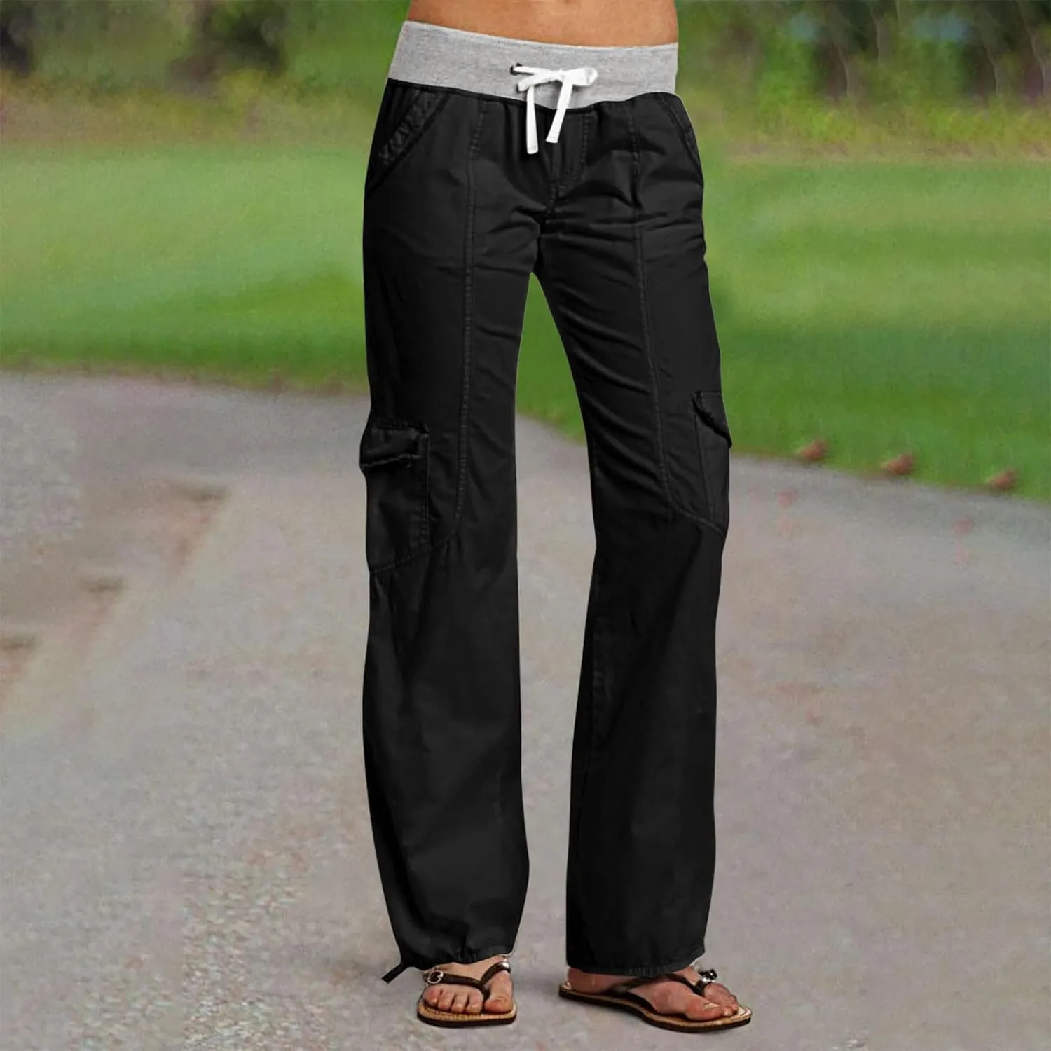Women's Straight Leg Sweatpants Stretchy Drawstring High Waist Cargo Pants Cropped Pocket Leisure Trousers Pants