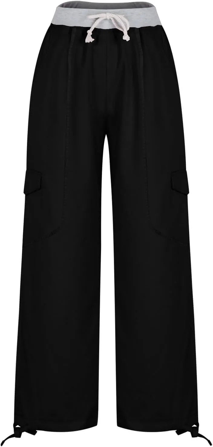 Women's Straight Leg Sweatpants Stretchy Drawstring High Waist Cargo Pants Cropped Pocket Leisure Trousers Pants