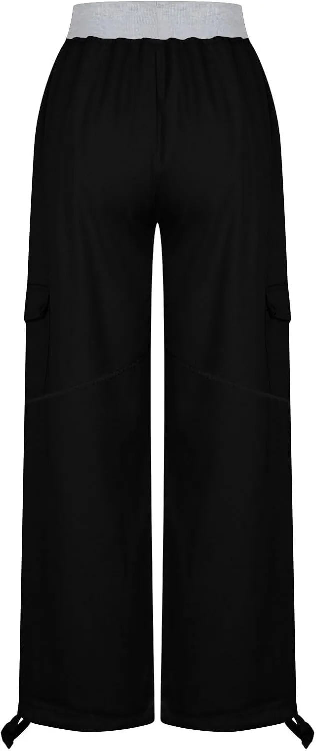 Women's Straight Leg Sweatpants Stretchy Drawstring High Waist Cargo Pants Cropped Pocket Leisure Trousers Pants
