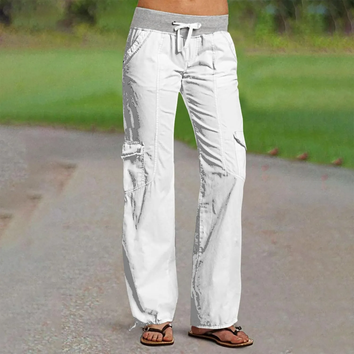 Women's Straight Leg Sweatpants Stretchy Drawstring High Waist Cargo Pants Cropped Pocket Leisure Trousers Pants
