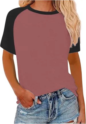 Women's Summer Tops Color Block Raglan Short Sleeve T Shirts Loose Fit Basic Crewneck Casual Stretchy Tees Blouse