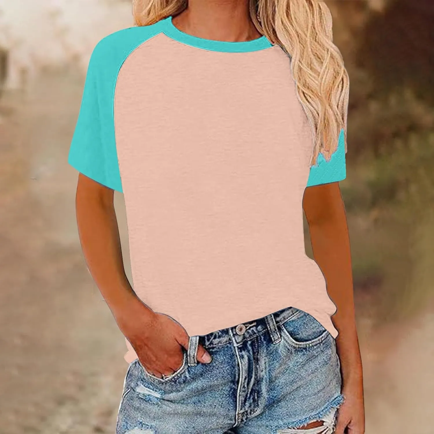 Women's Summer Tops Color Block Raglan Short Sleeve T Shirts Loose Fit Basic Crewneck Casual Stretchy Tees Blouse