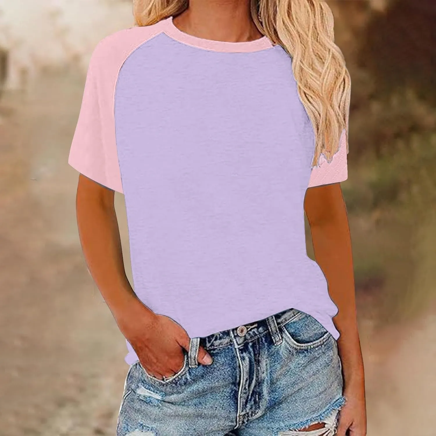 Women's Summer Tops Color Block Raglan Short Sleeve T Shirts Loose Fit Basic Crewneck Casual Stretchy Tees Blouse