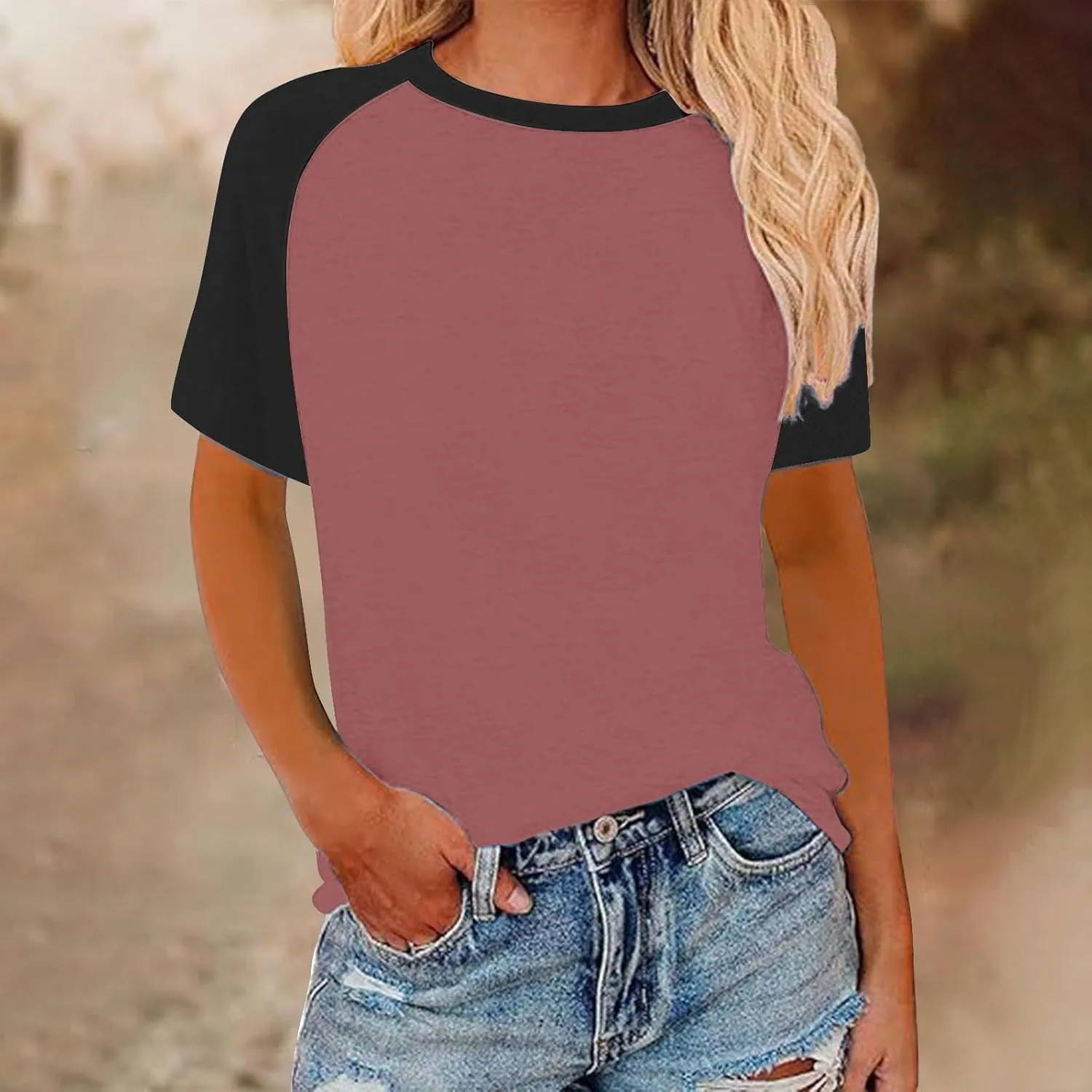 Women's Summer Tops Color Block Raglan Short Sleeve T Shirts Loose Fit Basic Crewneck Casual Stretchy Tees Blouse