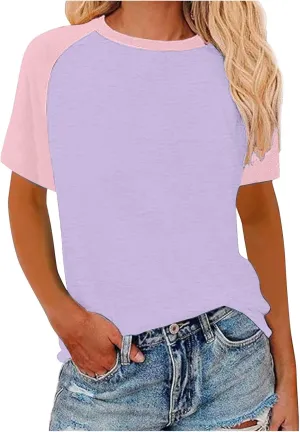 Women's Summer Tops Color Block Raglan Short Sleeve T Shirts Loose Fit Basic Crewneck Casual Stretchy Tees Blouse