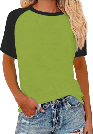 Women's Summer Tops Color Block Raglan Short Sleeve T Shirts Loose Fit Basic Crewneck Casual Stretchy Tees Blouse