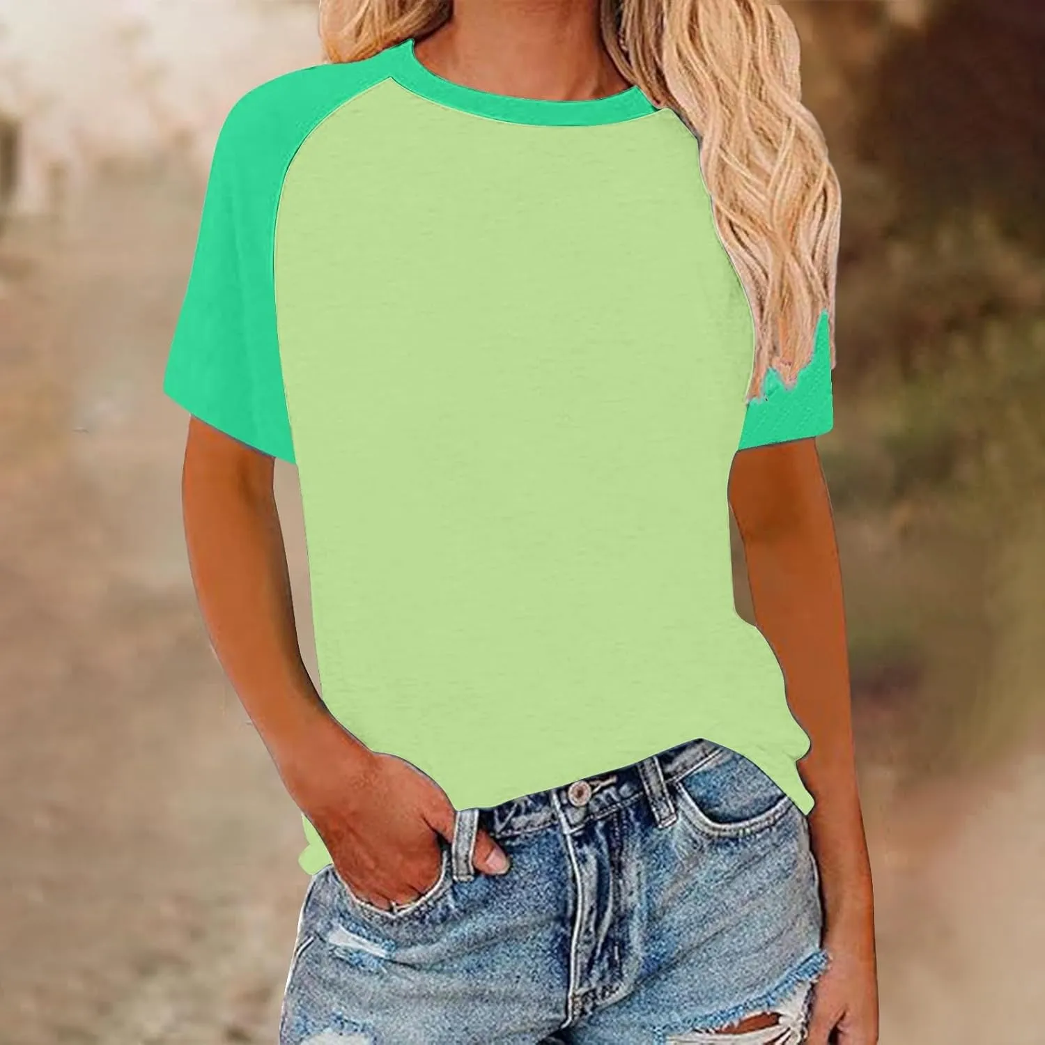 Women's Summer Tops Color Block Raglan Short Sleeve T Shirts Loose Fit Basic Crewneck Casual Stretchy Tees Blouse
