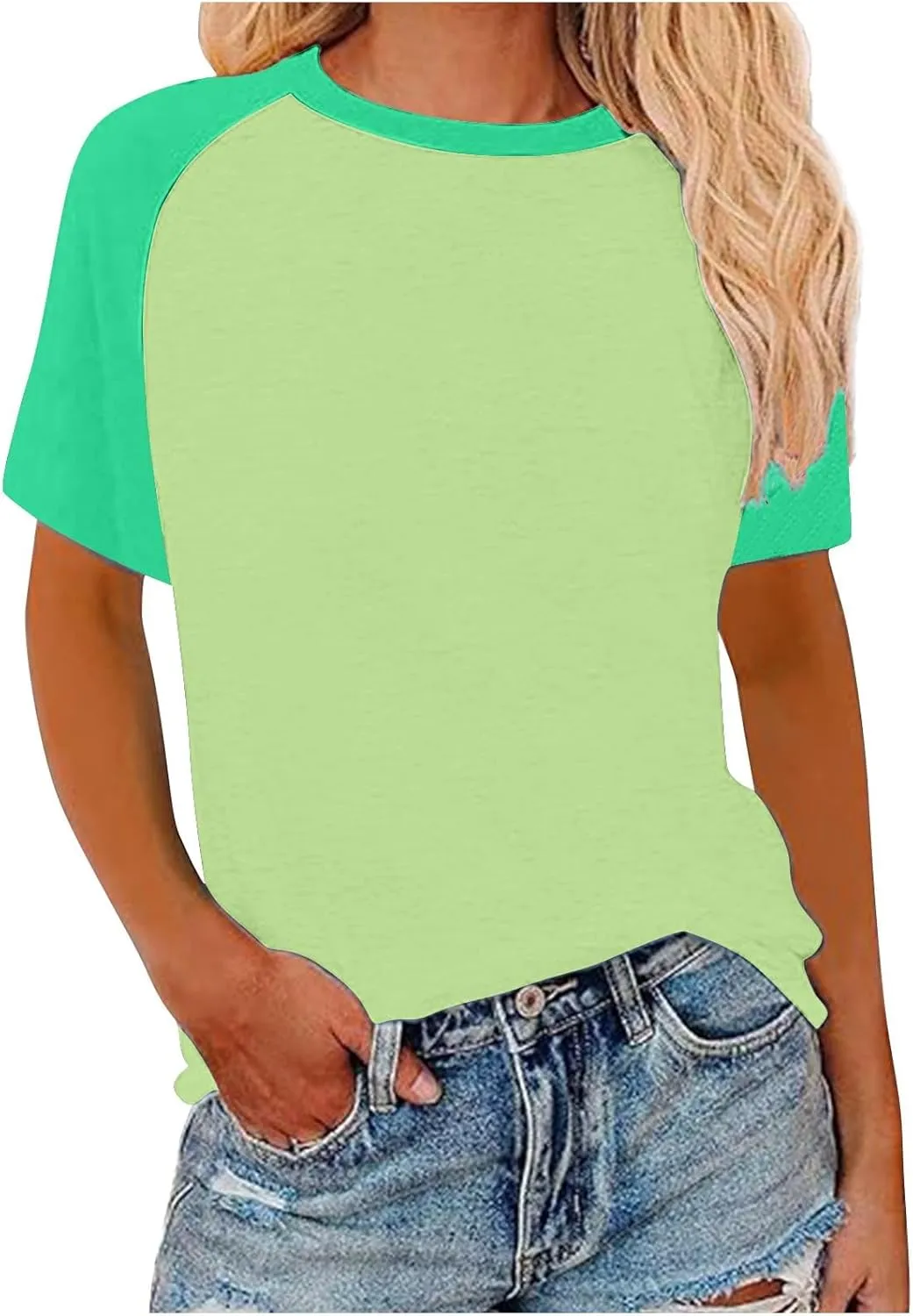 Women's Summer Tops Color Block Raglan Short Sleeve T Shirts Loose Fit Basic Crewneck Casual Stretchy Tees Blouse