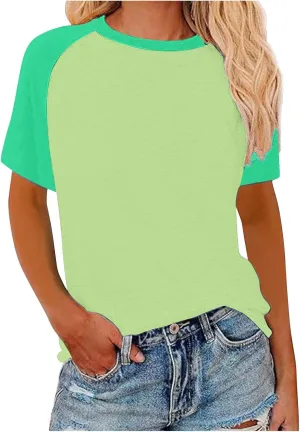 Women's Summer Tops Color Block Raglan Short Sleeve T Shirts Loose Fit Basic Crewneck Casual Stretchy Tees Blouse