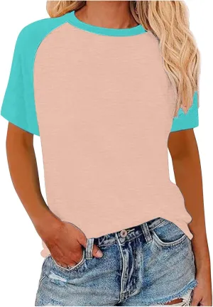 Women's Summer Tops Color Block Raglan Short Sleeve T Shirts Loose Fit Basic Crewneck Casual Stretchy Tees Blouse