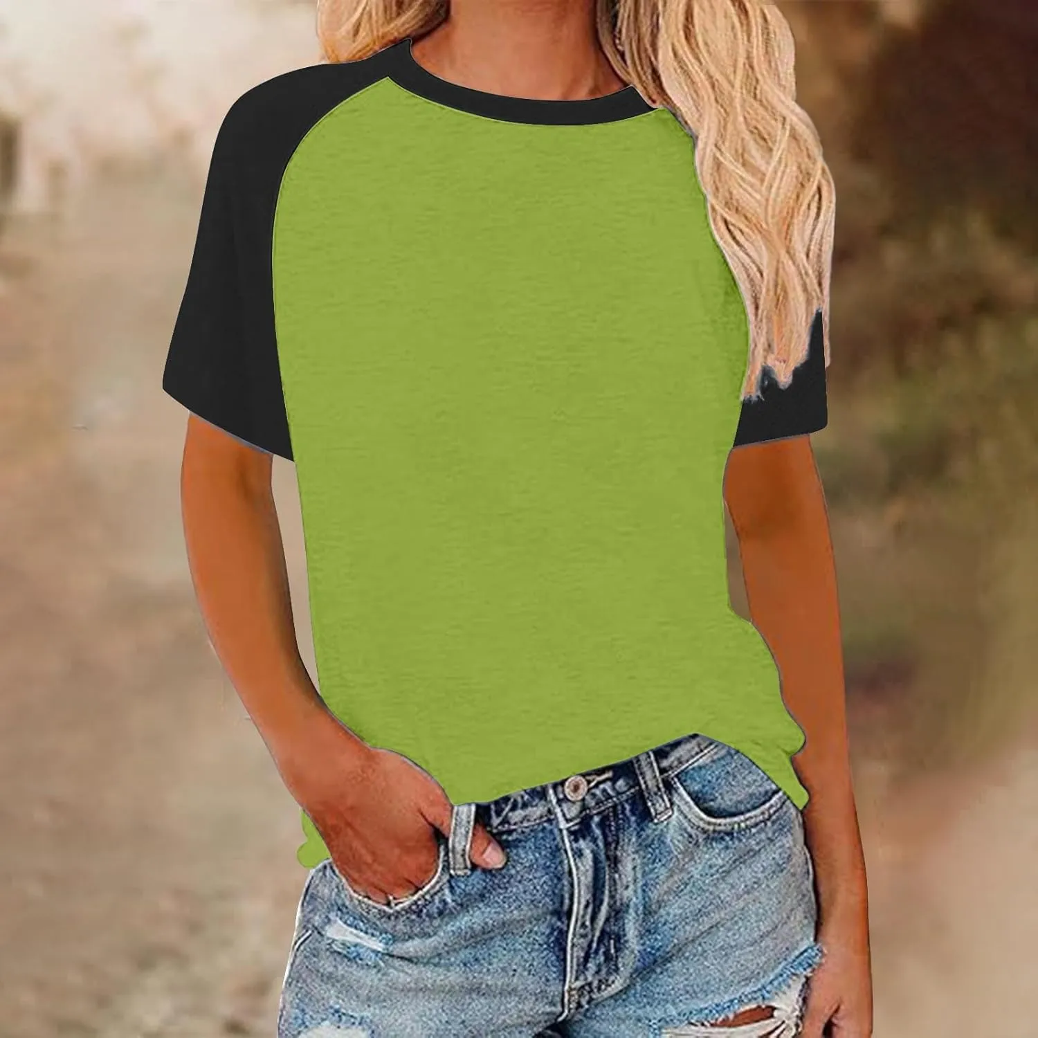 Women's Summer Tops Color Block Raglan Short Sleeve T Shirts Loose Fit Basic Crewneck Casual Stretchy Tees Blouse