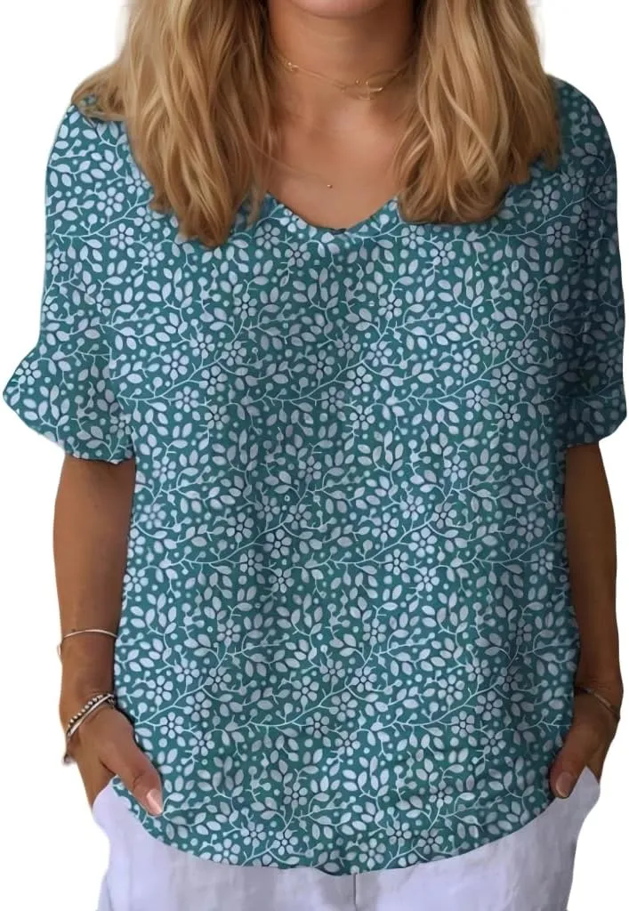 Womens Tunic Top Floral Lightweight Short Sleeve Blouses V Neck Shirts for Summer Outfits with Casual