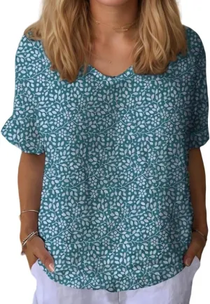 Womens Tunic Top Floral Lightweight Short Sleeve Blouses V Neck Shirts for Summer Outfits with Casual