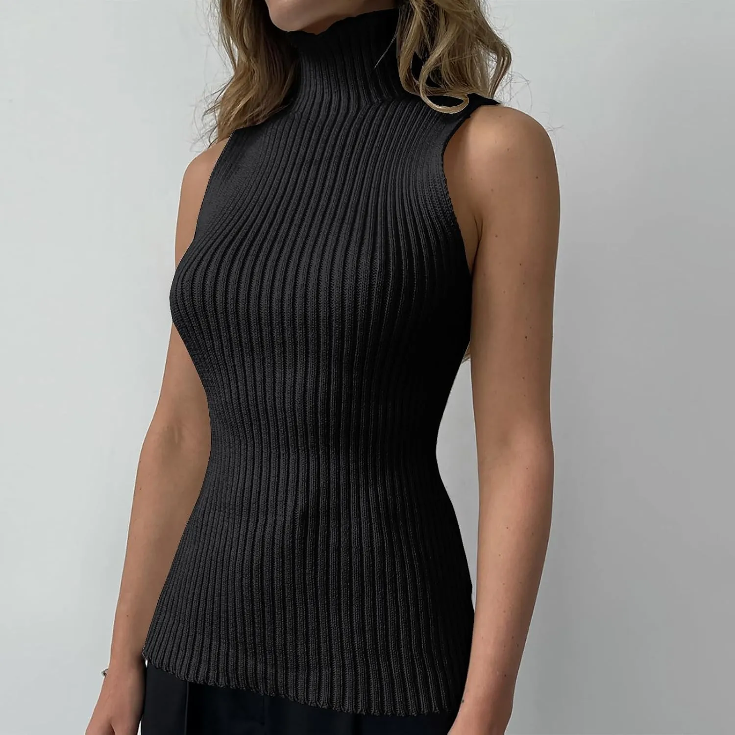 Xiaojmake Women Sweater Tanks Stretchy Spring Sleeveless Turtleneck Tank Top High Neck Ribbed Solid Pullover Tank Lightweight