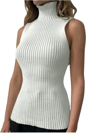 Xiaojmake Women Sweater Tanks Stretchy Spring Sleeveless Turtleneck Tank Top High Neck Ribbed Solid Pullover Tank Lightweight