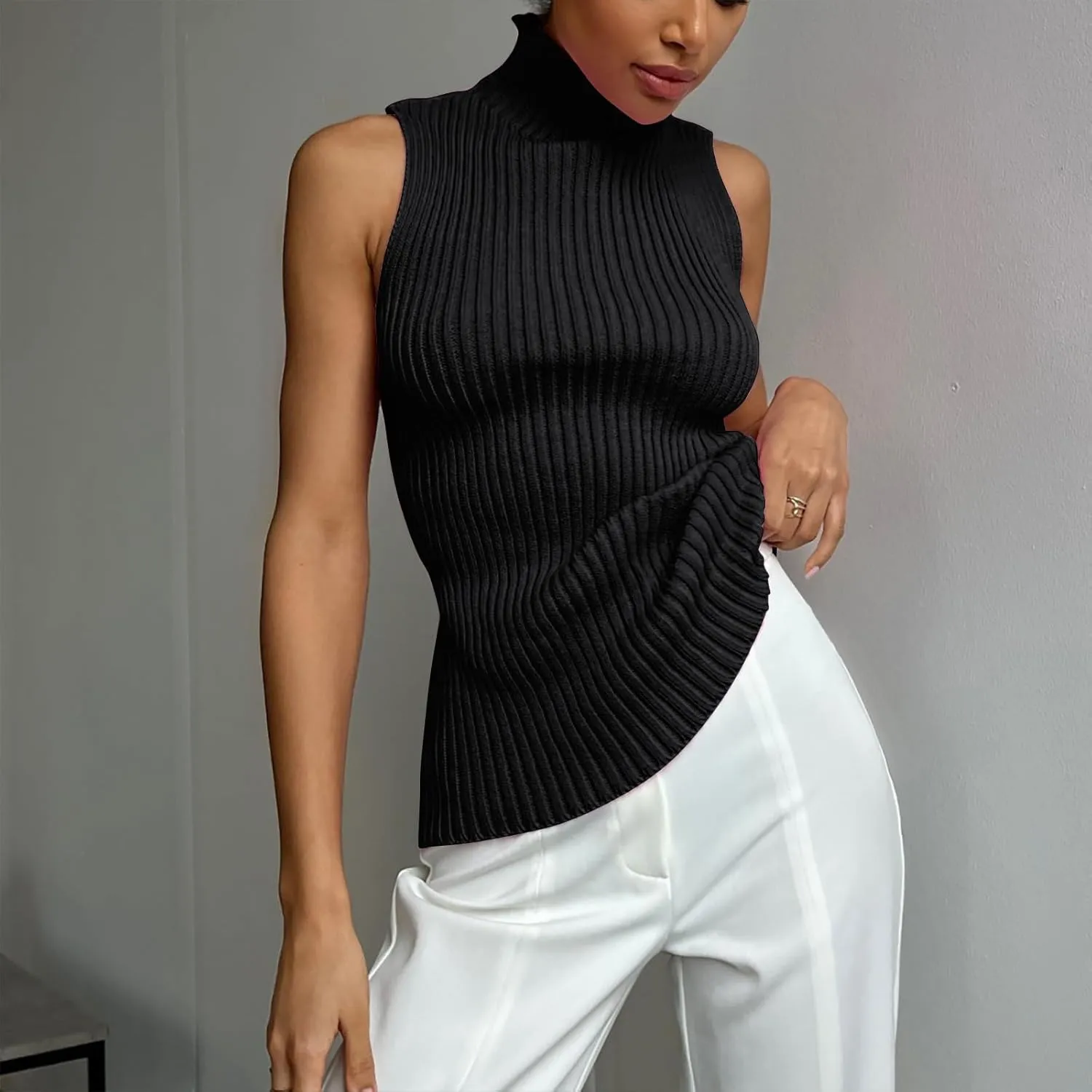 Xiaojmake Women Sweater Tanks Stretchy Spring Sleeveless Turtleneck Tank Top High Neck Ribbed Solid Pullover Tank Lightweight