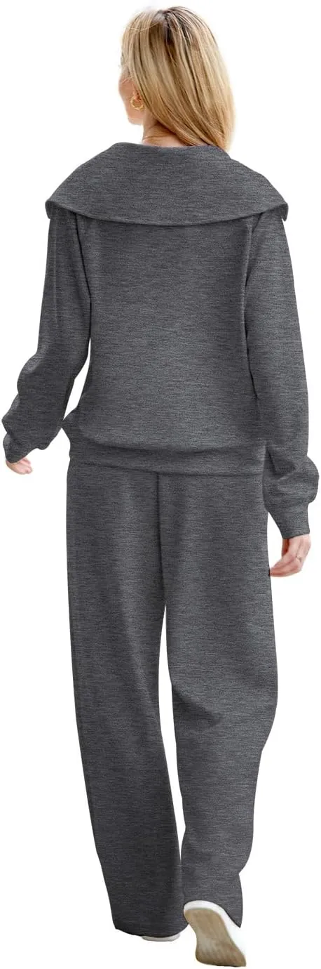 XIEERDUO Lounge Sets For Women 2024 Half Zip Sweatshirt And Wide Leg Sweatpant 2 Piece Outfits Sweatsuit Tracksuit