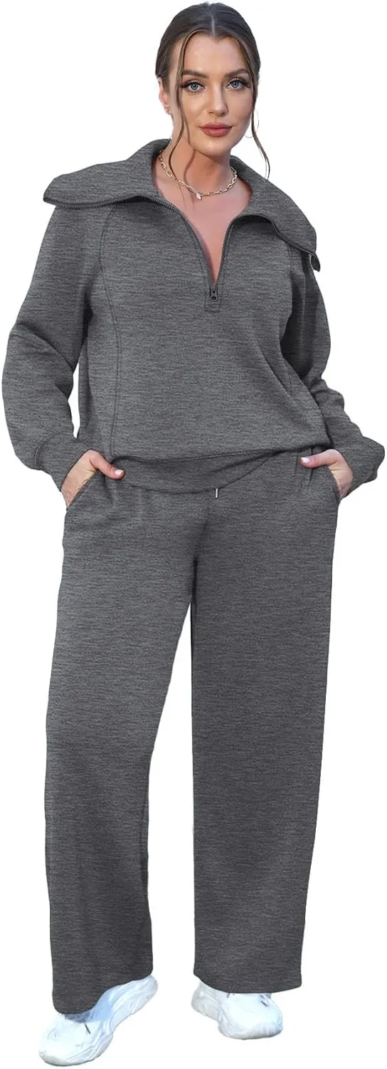 XIEERDUO Lounge Sets For Women 2024 Half Zip Sweatshirt And Wide Leg Sweatpant 2 Piece Outfits Sweatsuit Tracksuit