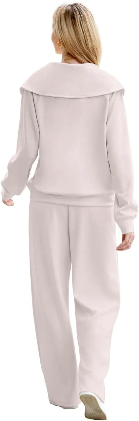 XIEERDUO Lounge Sets For Women 2024 Half Zip Sweatshirt And Wide Leg Sweatpant 2 Piece Outfits Sweatsuit Tracksuit